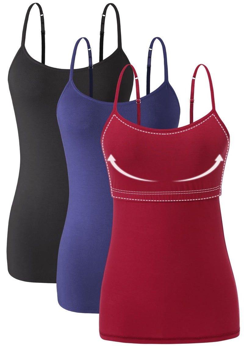 Orrpally Women Cotton Camisole Shelf Bra Cami Tank Tops Adjustable Spaghetti Strap Tank Top 3-Pack Black/Dark Blue/Wine Red M - Image 1